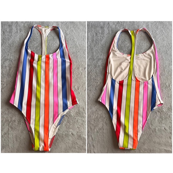 Aerie Neon Rainbow Multicolor Stripe Racerback Cutout One-Piece Swimsuit Small - Picture 4 of 14